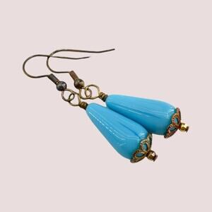 Blue Teardrop Dangle Earrings on Gold Tone Wire